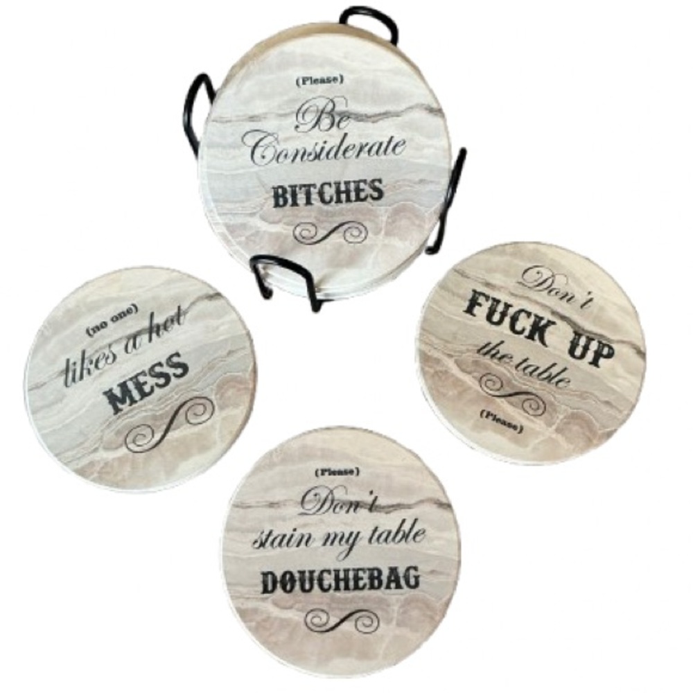 Novelty Rude Ceramic Absorbent  Coasters Cork Base 4” Set of 8 + Holder